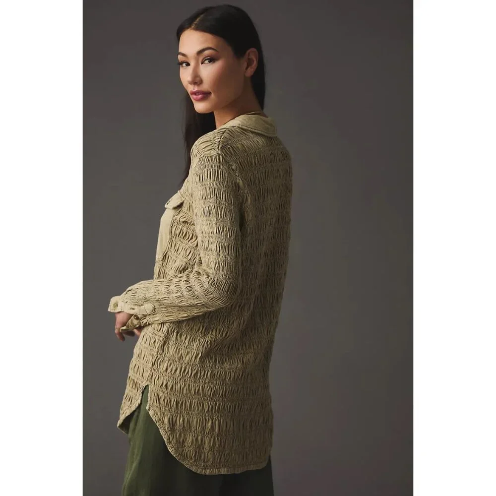 Anthropologie Pilcro XS - S Green Olive Stretch Smocked Shacket Pockets‎ Button